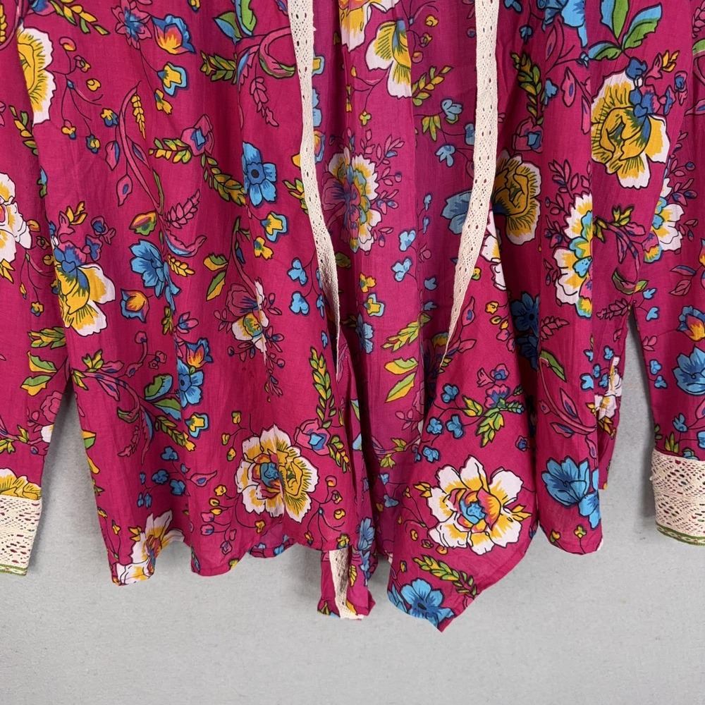 Pitusa Blouse Womens I Pink Floral Cotton Collared Boho Tie Front Top Lace Cuff - Picture 3 of 14